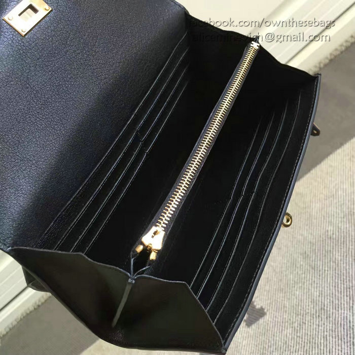 Hermes Kelly Clutch Bag in Black Swift Leather HK1210