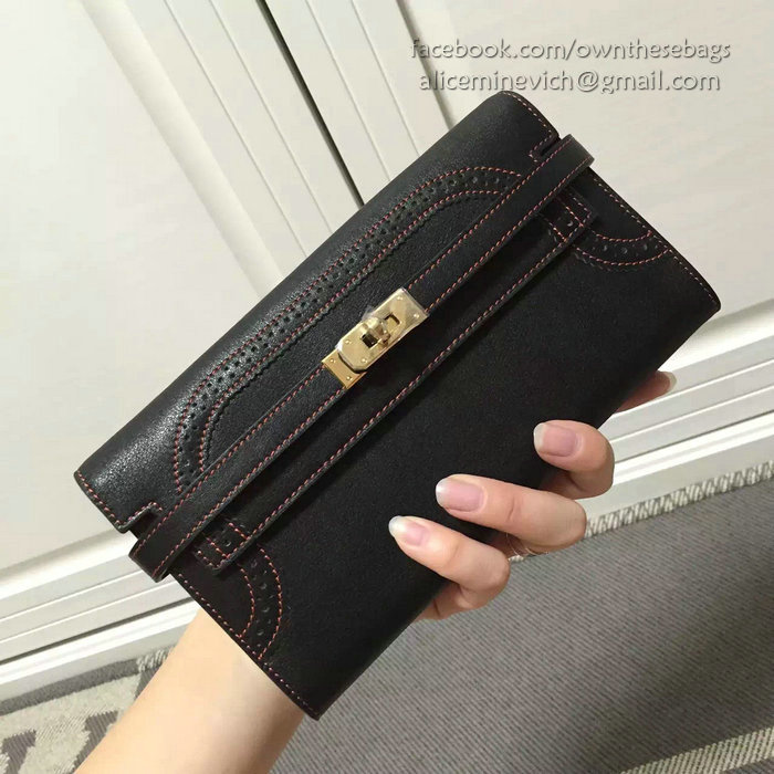 Hermes Kelly Clutch Bag in Black Swift Leather Red Line HK1210