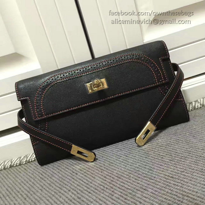 Hermes Kelly Clutch Bag in Black Swift Leather Red Line HK1210