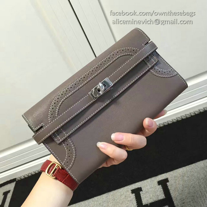 Hermes Kelly Clutch Bag in Grey Swift Leather HK1210