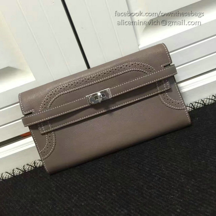 Hermes Kelly Clutch Bag in Grey Swift Leather HK1210