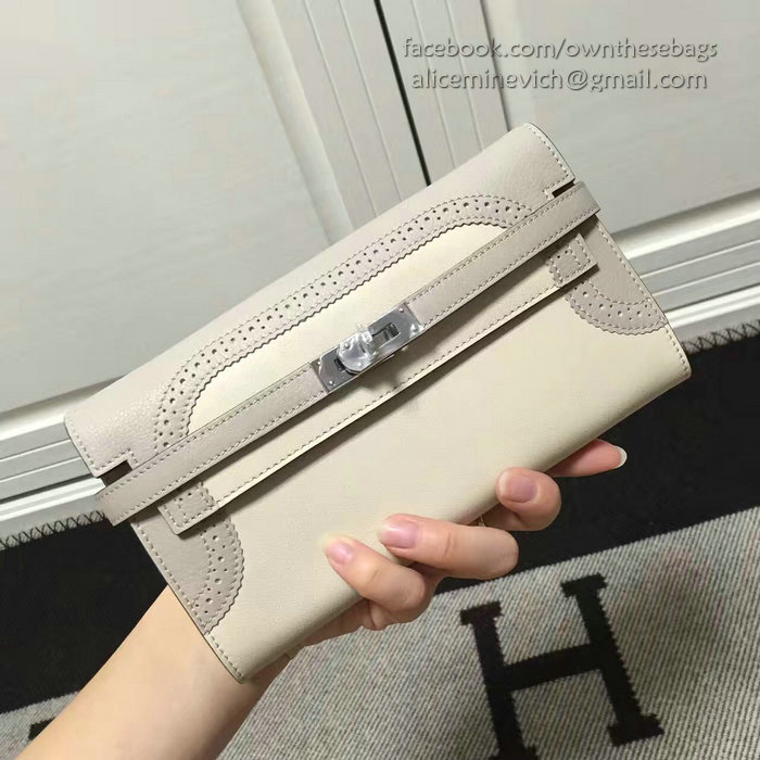 Hermes Kelly Clutch Bag in Off-white and Grey Swift Leather HK1210