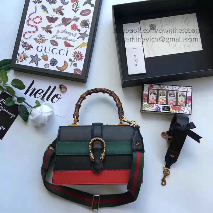 Gucci Dionysus Leather Top Handle Bag Black/Green/Red 448075