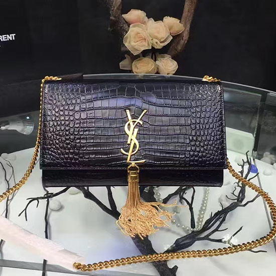 Saint Laurent Medium Kate Monogram Tassel Croco Leather Shoulder Bag Black Y121230