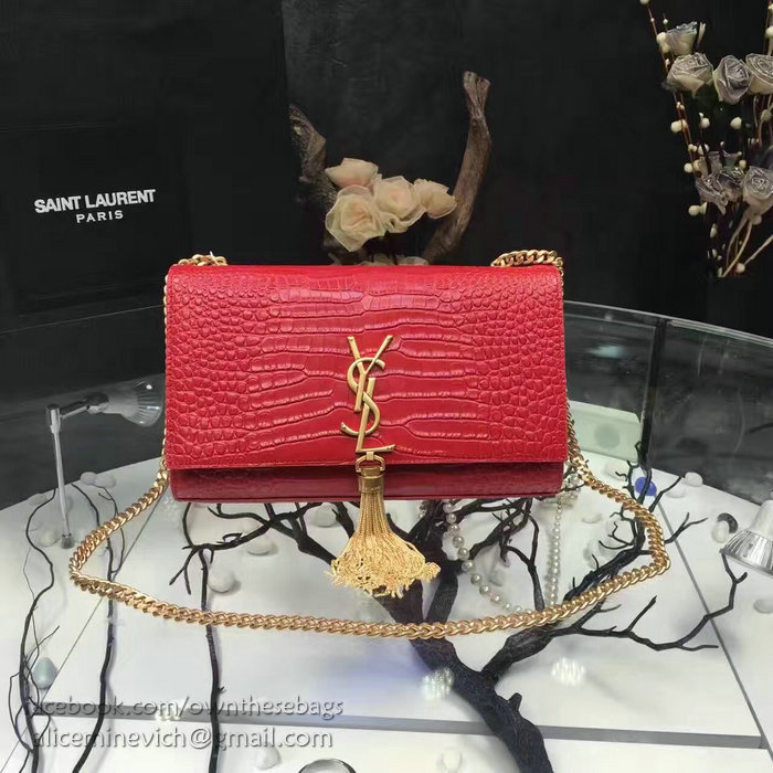 Saint Laurent Medium Kate Monogram Tassel Croco Leather Shoulder Bag Red Y121230