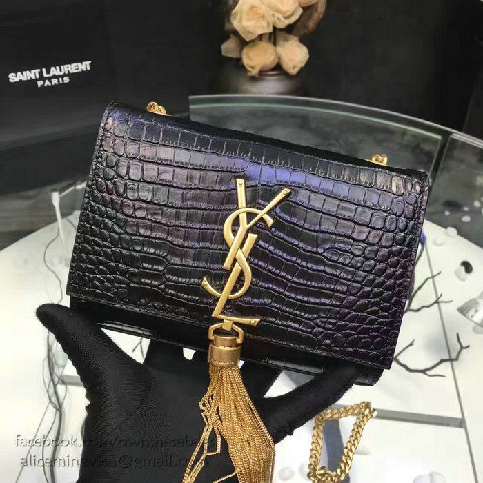 Saint Laurent Small Kate Monogram Tassel Croco Leather Shoulder Bag Black Y121220