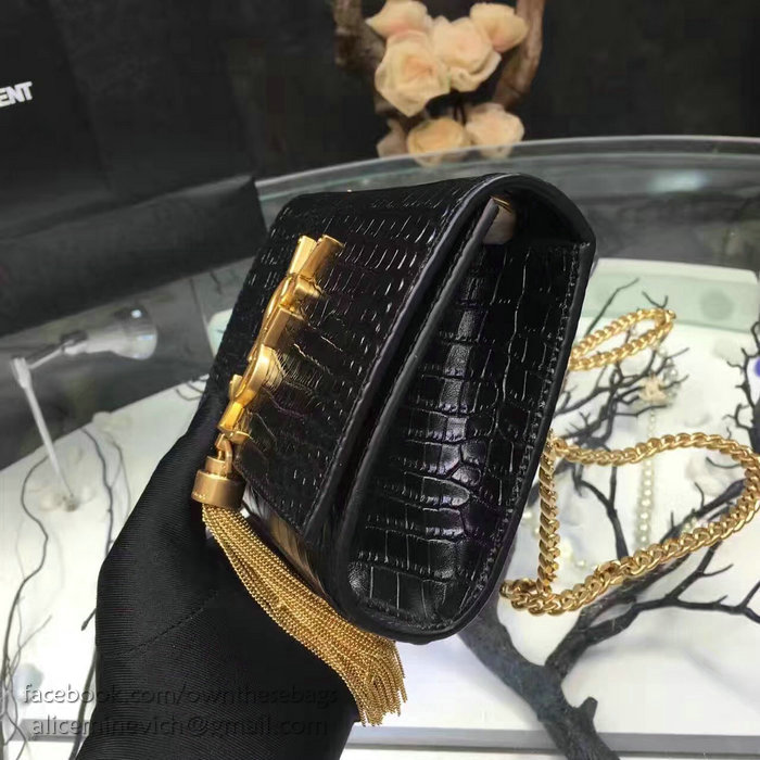 Saint Laurent Small Kate Monogram Tassel Croco Leather Shoulder Bag Black Y121220