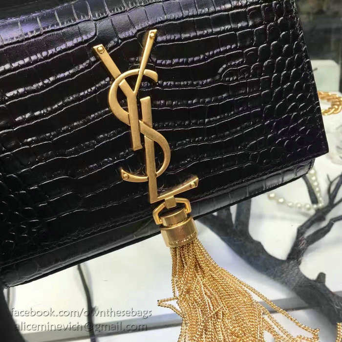 Saint Laurent Small Kate Monogram Tassel Croco Leather Shoulder Bag Black Y121220