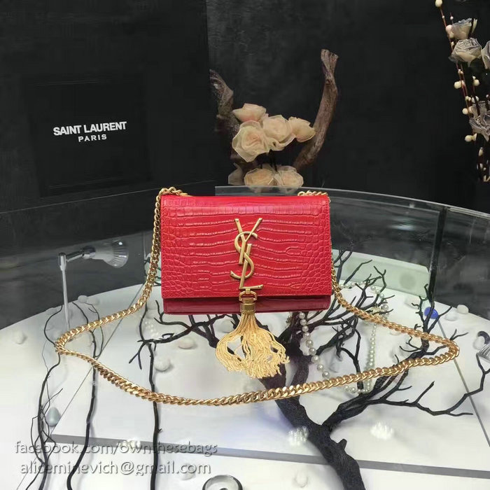 Saint Laurent Small Kate Monogram Tassel Croco Leather Shoulder Bag Red Y121220