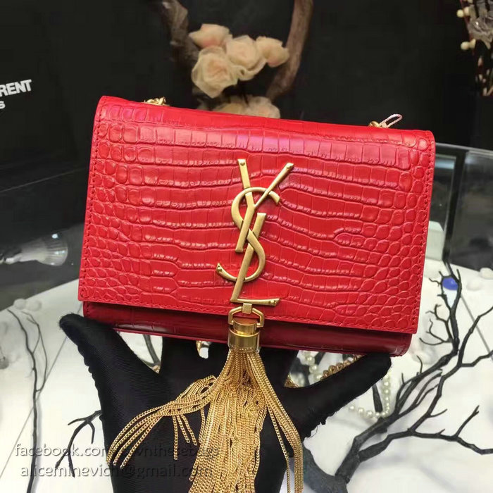 Saint Laurent Small Kate Monogram Tassel Croco Leather Shoulder Bag Red Y121220