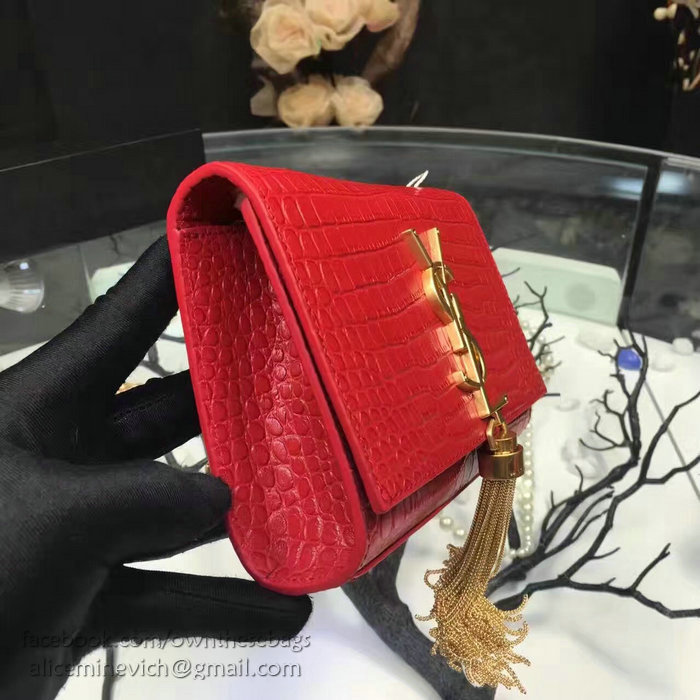 Saint Laurent Small Kate Monogram Tassel Croco Leather Shoulder Bag Red Y121220