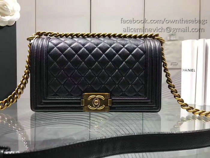 Chanel Black Quilted Caviar Medium Boy Bag Gold Hardware A67086