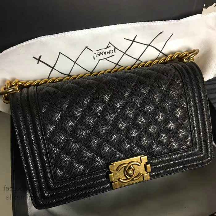 Chanel Medium Quilted Caviar Boy Bag Black Gold A13043