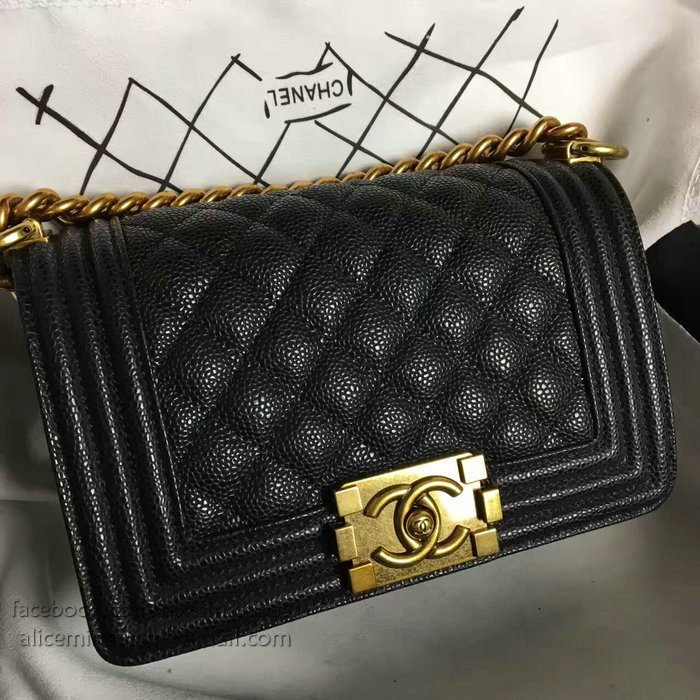 Chanel Small Quilted Caviar Boy Bag Black Gold A13043