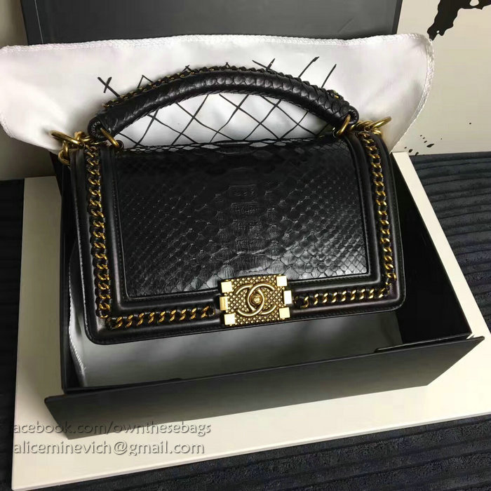 Chanel Snake Leather Boy Bag with Top Handle Black Gold A14041