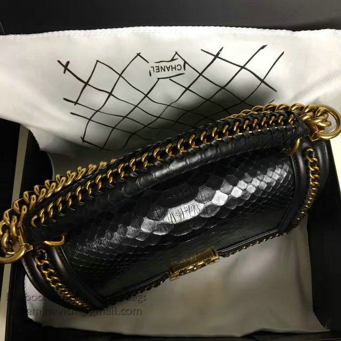 Chanel Snake Leather Boy Bag with Top Handle Black Gold A14041