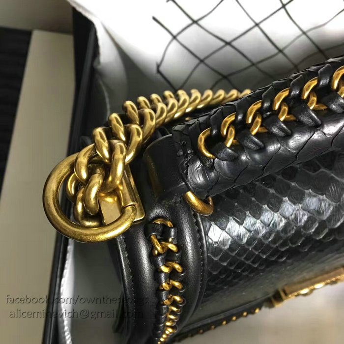 Chanel Snake Leather Boy Bag with Top Handle Black Gold A14041