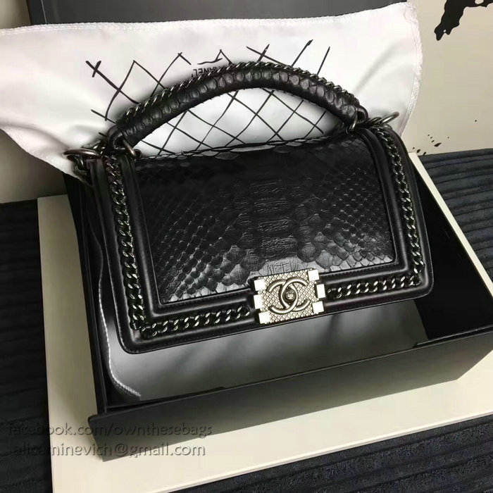 Chanel Snake Leather Boy Bag with Top Handle Black Silver A14041