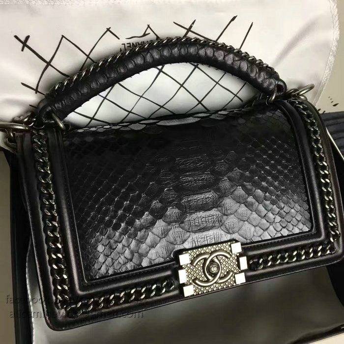 Chanel Snake Leather Boy Bag with Top Handle Black Silver A14041