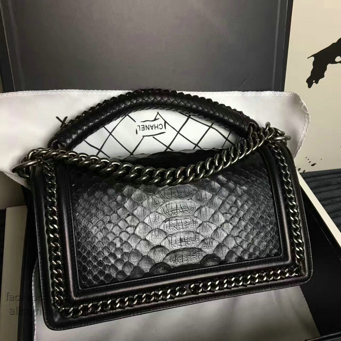 Chanel Snake Leather Boy Bag with Top Handle Black Silver A14041