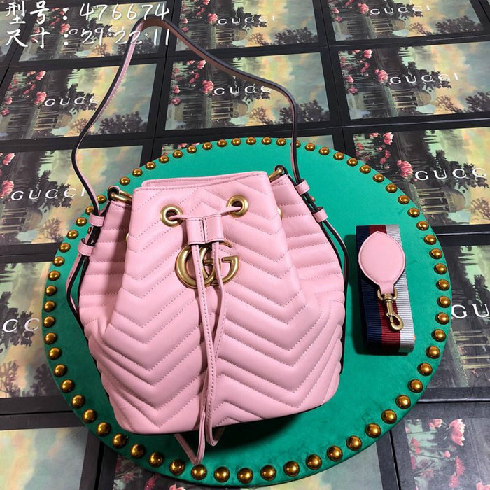 Gucci GG Marmont Leather Bucket Bag 476674 Pink