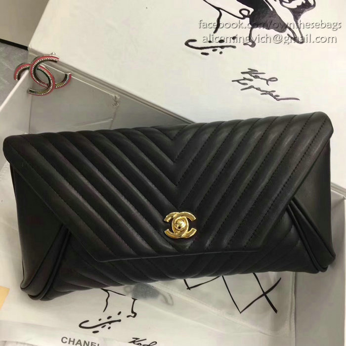 Chanel Chevron Lambskin Clutch Bag Black with Gold Hardware A90902