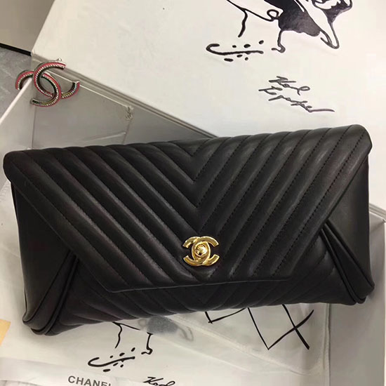 Chanel Chevron Lambskin Clutch Bag Black with Gold Hardware A90902