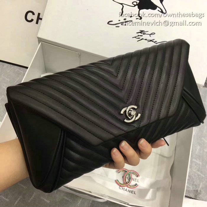 Chanel Chevron Lambskin Clutch Bag Black with Silver Hardware A90902