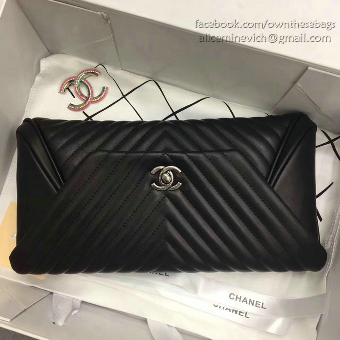 Chanel Chevron Lambskin Clutch Bag Black with Silver Hardware A90902