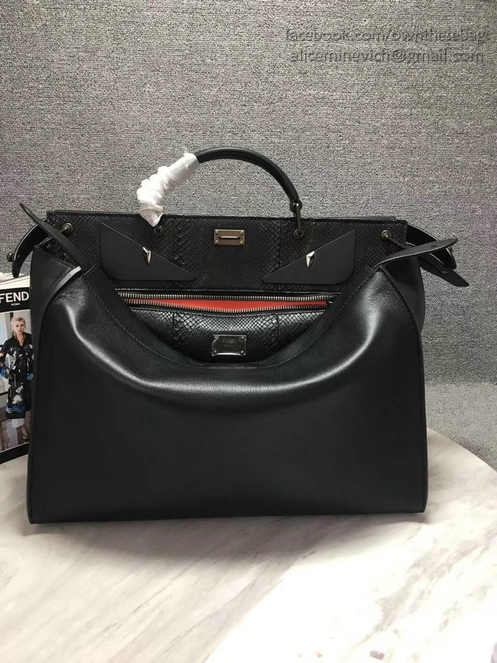 Fendi Regular Peekaboo Handbag with Bag Bugs Pattern Black 7VA388