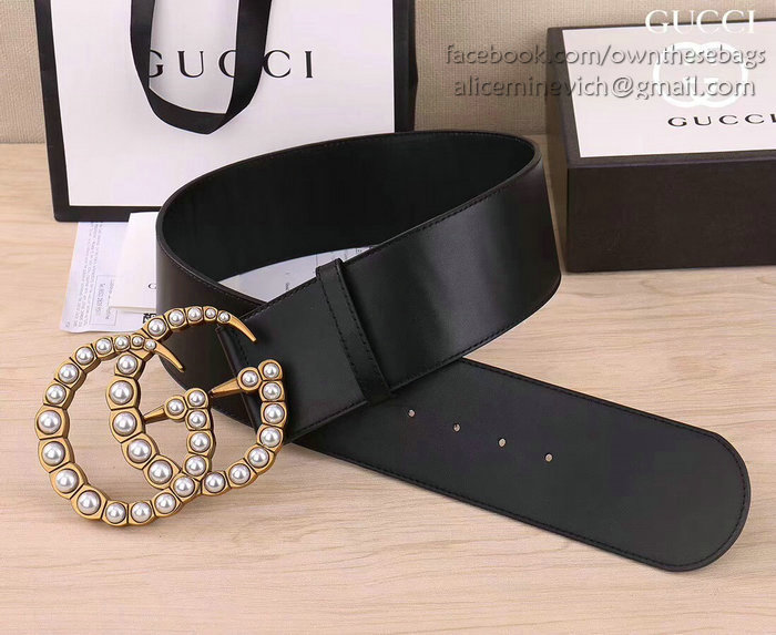 Gucci Wide leather belt with pearl Double G 453261