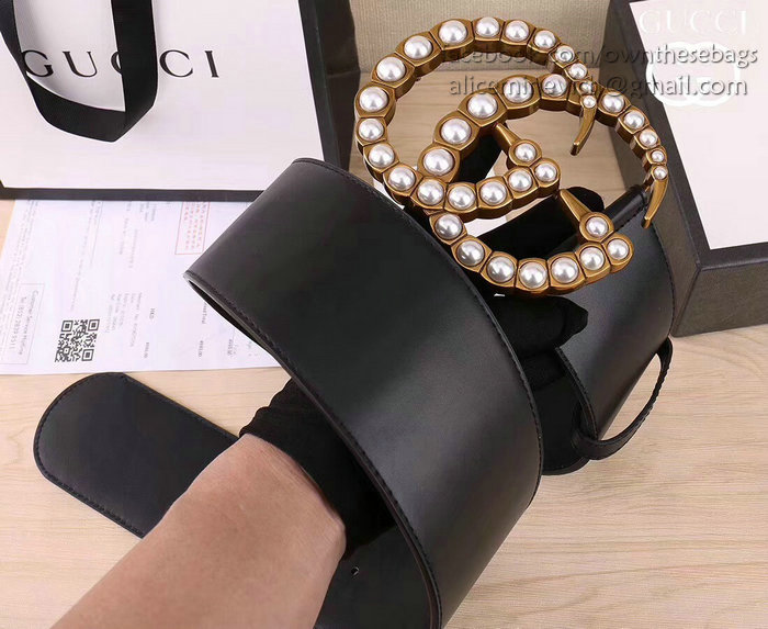 Gucci Wide leather belt with pearl Double G 453261