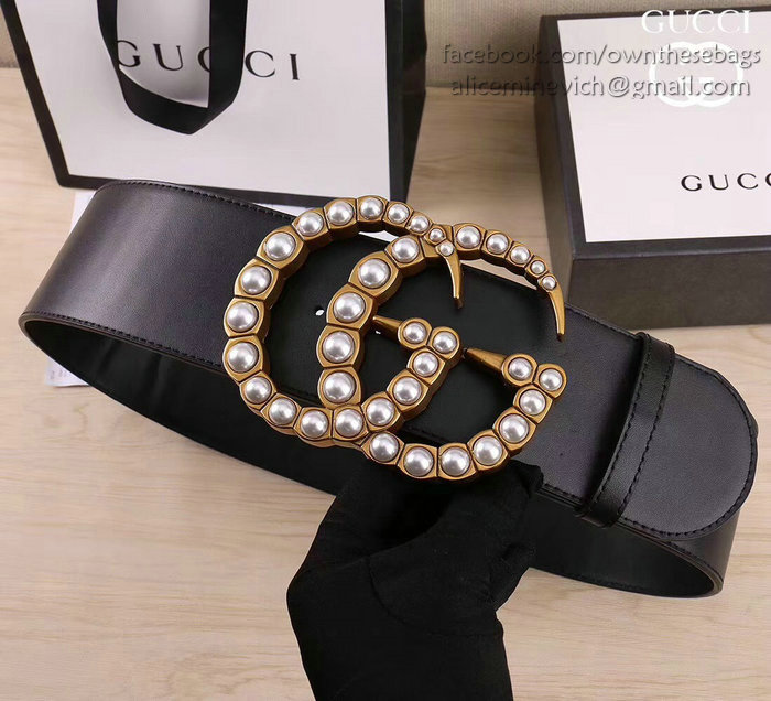 Gucci Wide leather belt with pearl Double G 453261