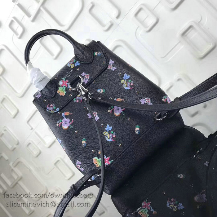 Louis Vuitton Soft Calfskin Lockme Backpack Mini Black with Flower M54573