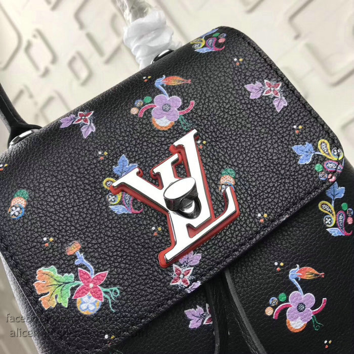 Louis Vuitton Soft Calfskin Lockme Backpack Mini Black with Flower M54573