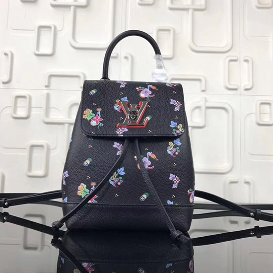 Louis Vuitton Soft Calfskin Lockme Backpack Mini Black with Flower M54573