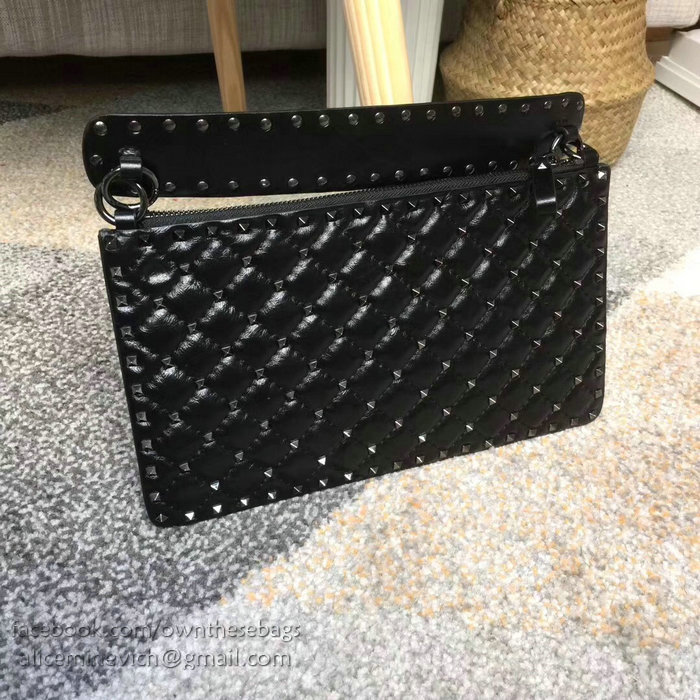 Valentino Calfskin Garavani Rockstud Spike Clutch Bag Black V0177