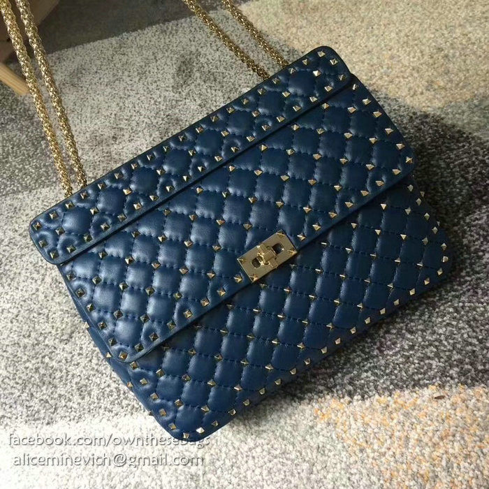 Valentino Lambskin Garavani Rockstud Spike Chain Bag Navy Blue V0121