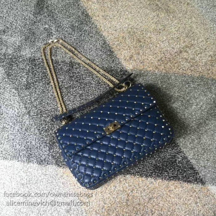 Valentino Lambskin Garavani Rockstud Spike Chain Bag Navy Blue V0121