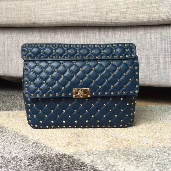 Valentino Lambskin Garavani Rockstud Spike Chain Bag Navy Blue V0121