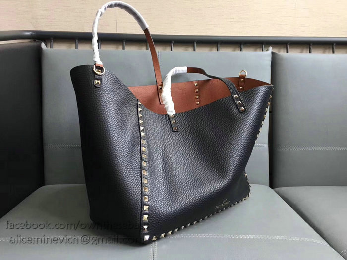 Valentino Guitar Rockstud Rolling Double Reversible Tote Black & Brown V0501