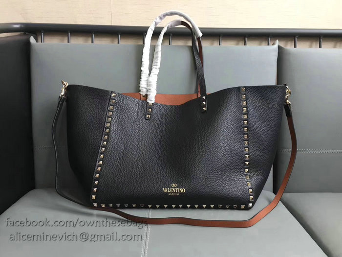 Valentino Guitar Rockstud Rolling Double Reversible Tote Black & Brown V0501