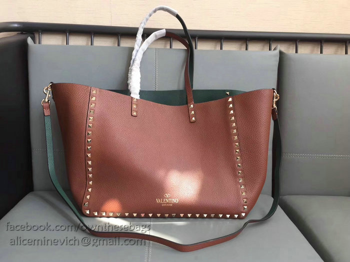 Valentino Guitar Rockstud Rolling Double Reversible Tote Brown & Green V0501