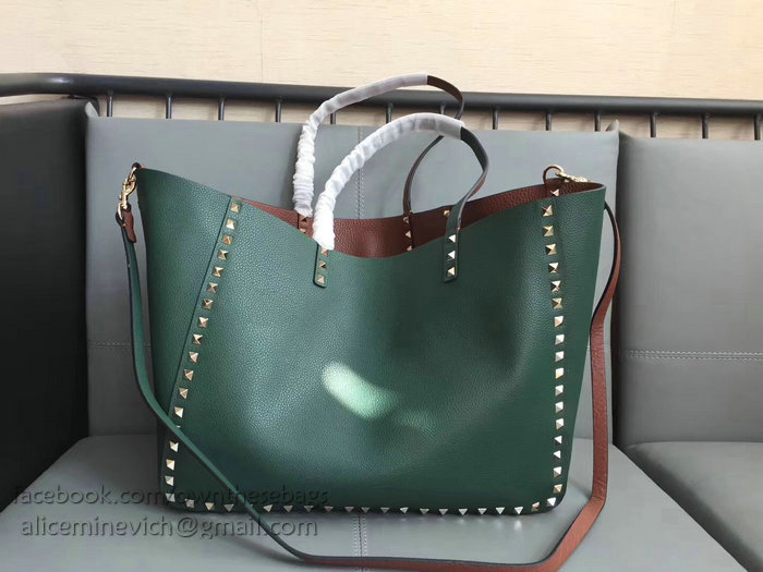 Valentino Guitar Rockstud Rolling Double Reversible Tote Brown & Green V0501