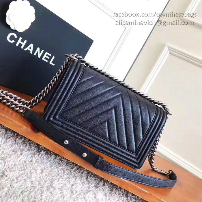 Chanel Grained Calfskin Chevron Medium Boy Bag Black A92058