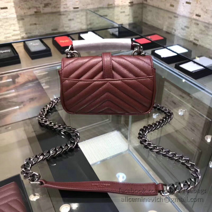 Saint Laurent Matelasse Chain Wallet Burgundy with Silver hardware 438492