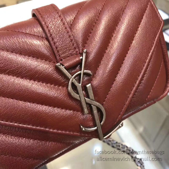 Saint Laurent Matelasse Chain Wallet Burgundy with Silver hardware 438492