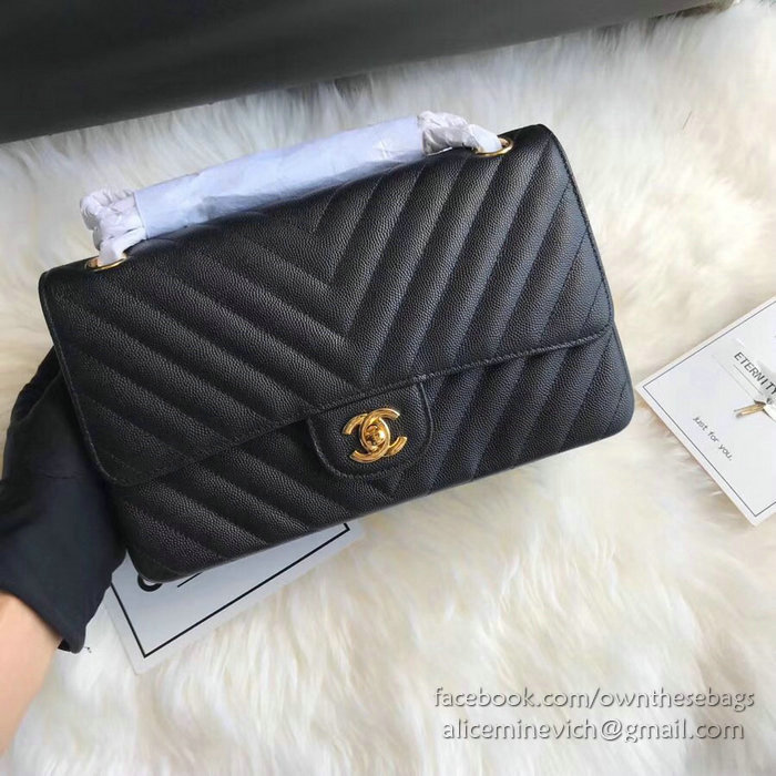 Classic Chanel Chevron Flap Shoulder Bag Black CF1112