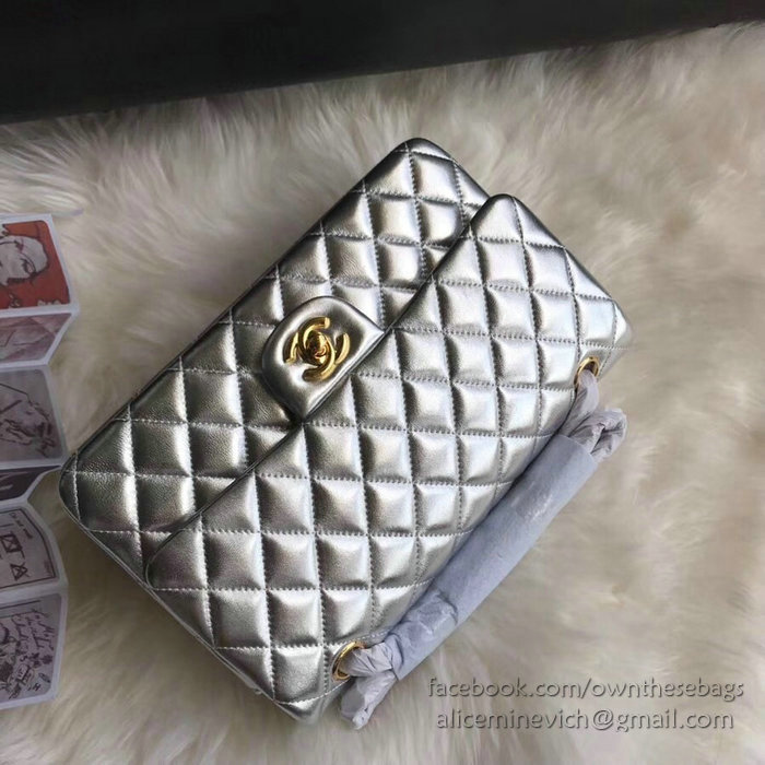 Classic Chanel Lambskin Flap Shoulder Bag Silver CF1112