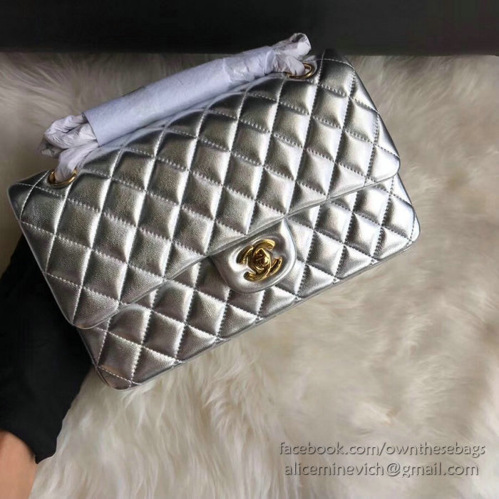 Classic Chanel Lambskin Flap Shoulder Bag Silver CF1112